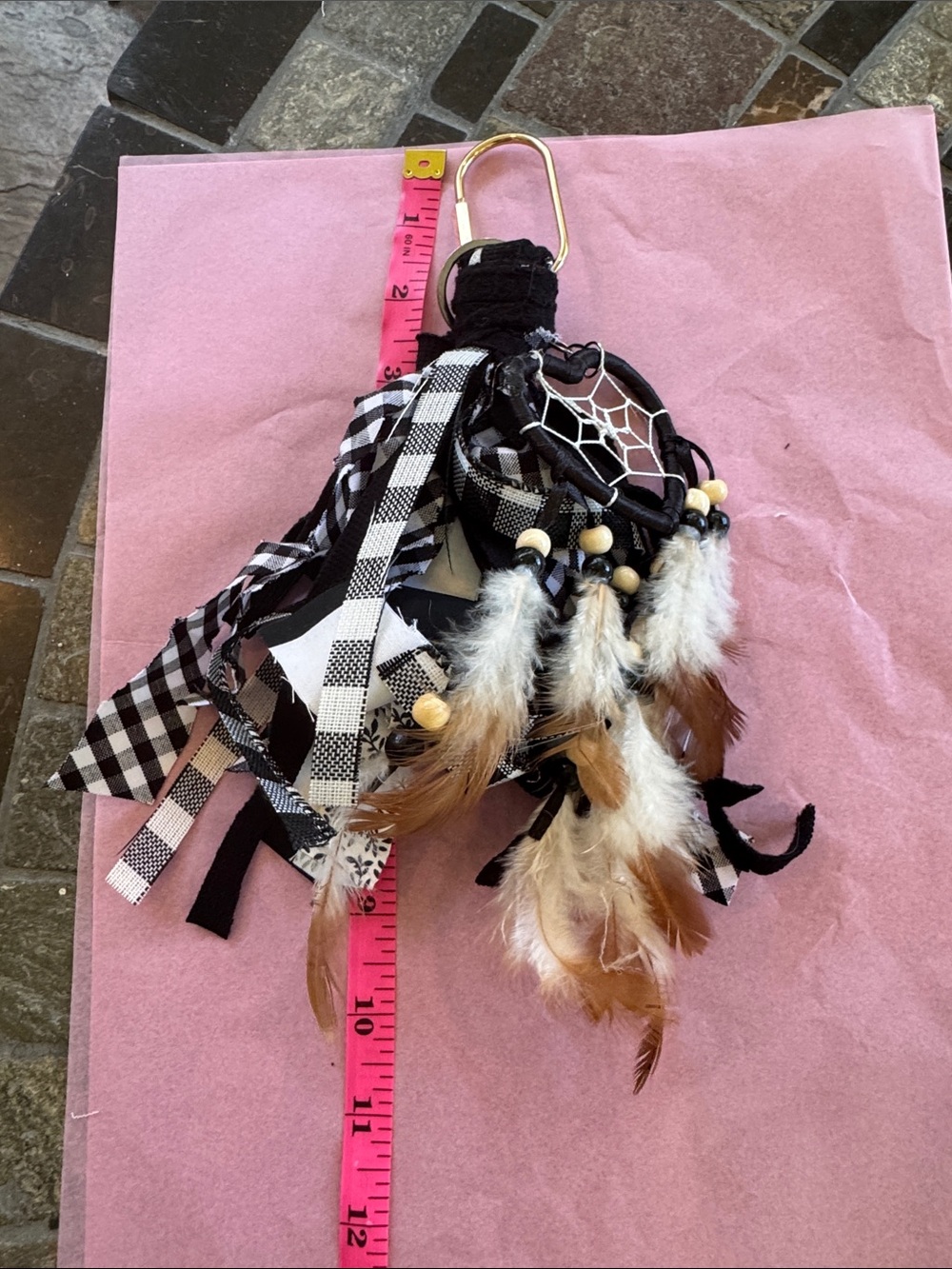 Boho Black & White Dreamcatcher Keychain with Feathers